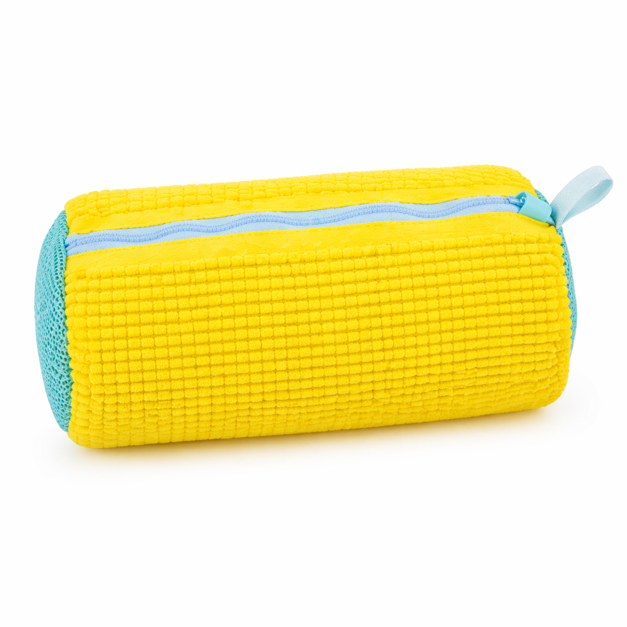 Sac de lavage ZippWash jaune et bleu fermé sur fond blanc