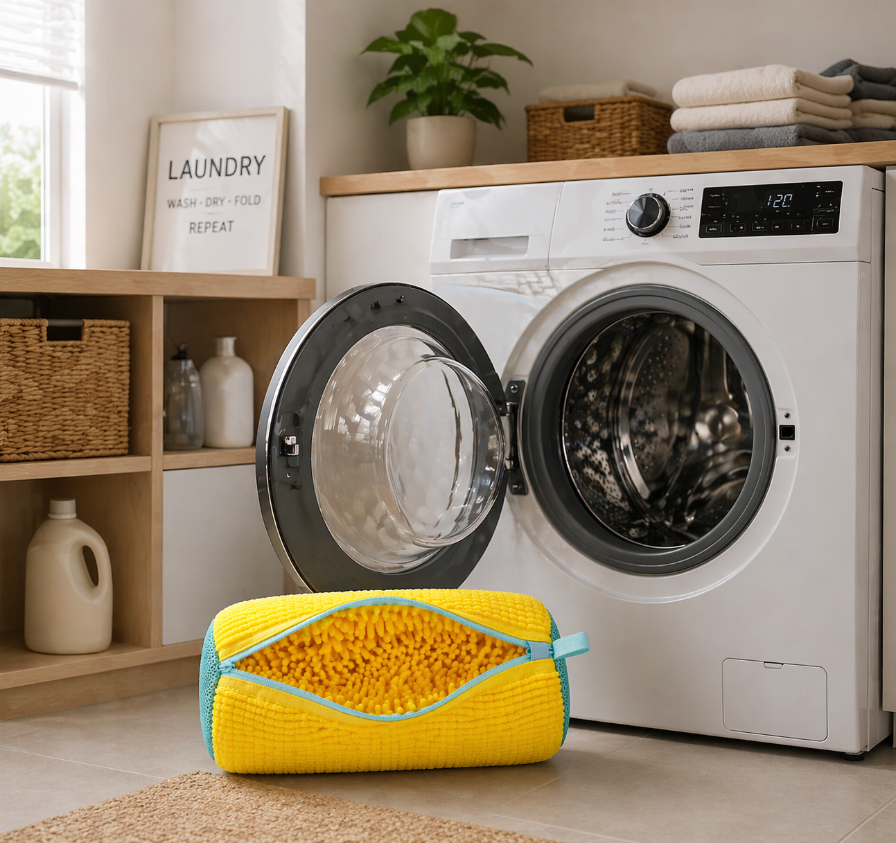 Sac de lavage ZippWash prêt à être mis dans la machine à laver porte ouverte