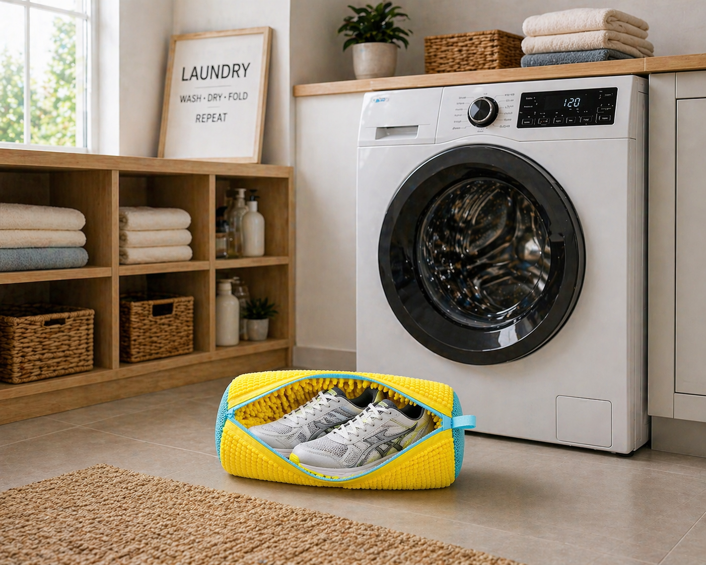 Sac de lavage ZippWash avec sneakers devant une machine à laver