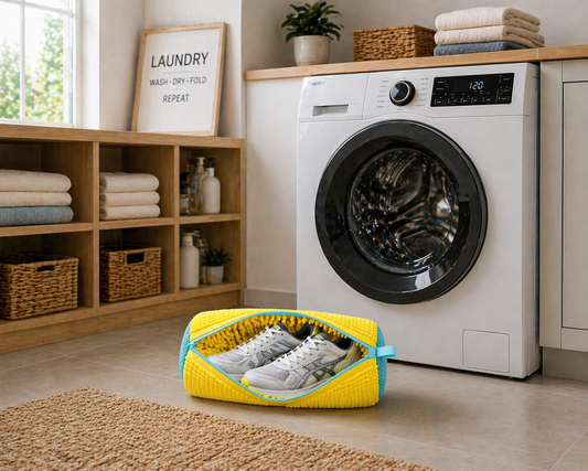 Sac de lavage ZippWash avec sneakers devant une machine à laver