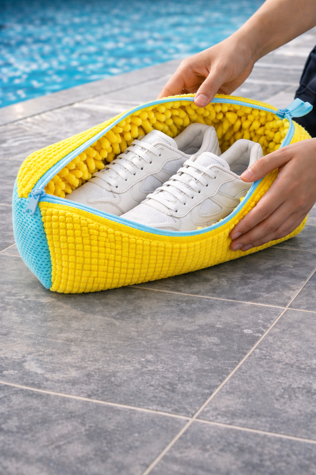 Mains insérant des sneakers blanches dans le sac de lavage ZippWash jaune