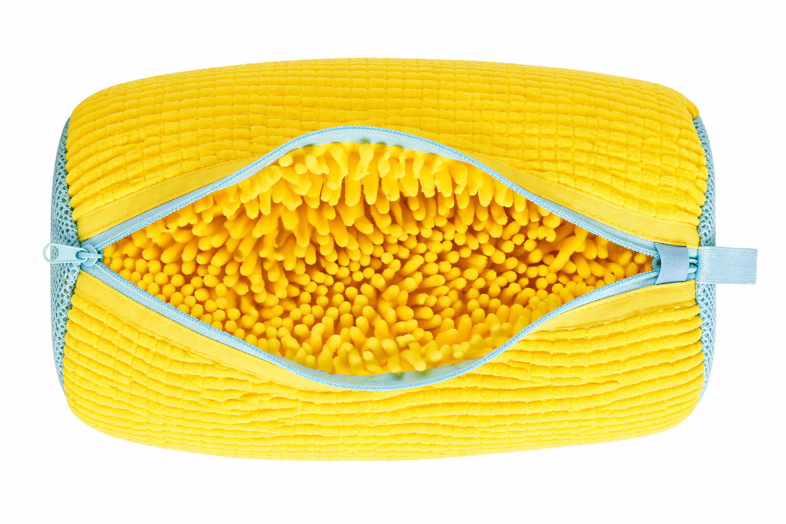 Sac de lavage ZippWash ouvert montrant les fibres microfibre jaunes et la fermeture éclair bleue